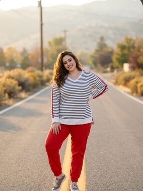Chico's White,Black Striped & Orange Top w/Orange Joggers